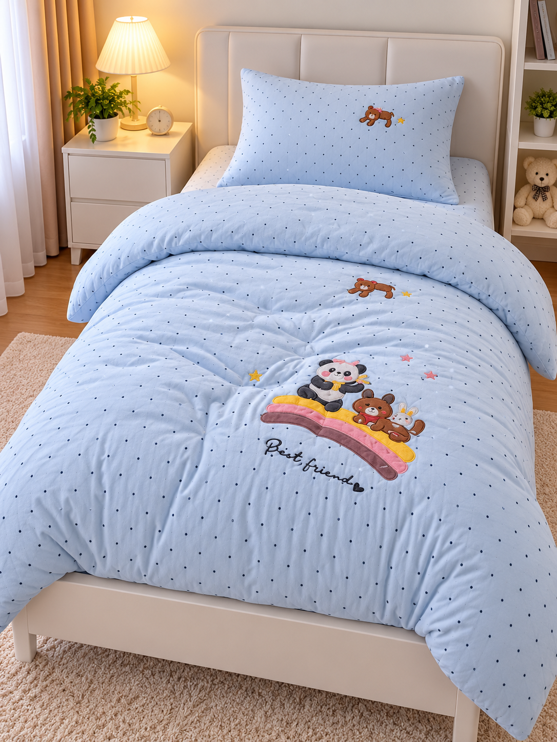 Детское зимнее постельное бельё, пушистое, мягкое и тёплое, 1-спальное, с вышивкой - 