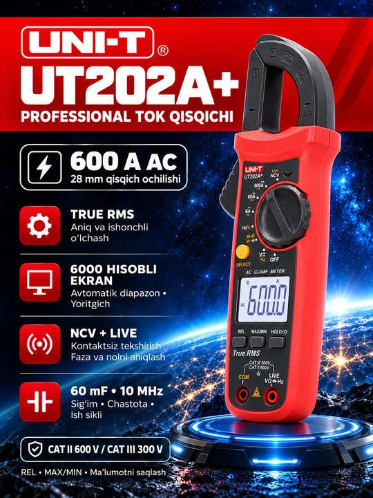 UNI-T UT202A+ raqamli tok qisqichi, 600 A AC, True RMS, NCV/LIVE, sig‘im - 