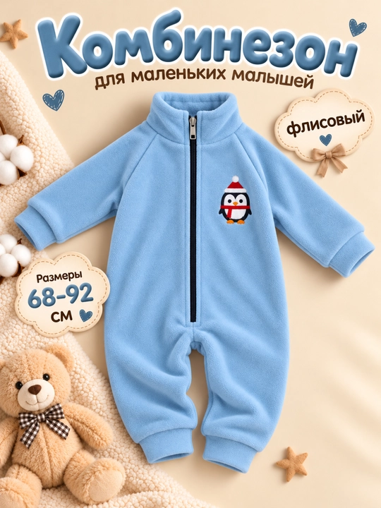 Комбинезон детский флисс для малышей, тёплый, мягкий, на молнии, 68–92 см - 