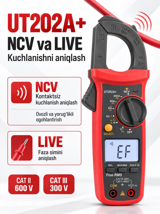 UNI-T UT202A+ raqamli tok qisqichi, 600 A AC, True RMS, NCV/LIVE, sig‘im