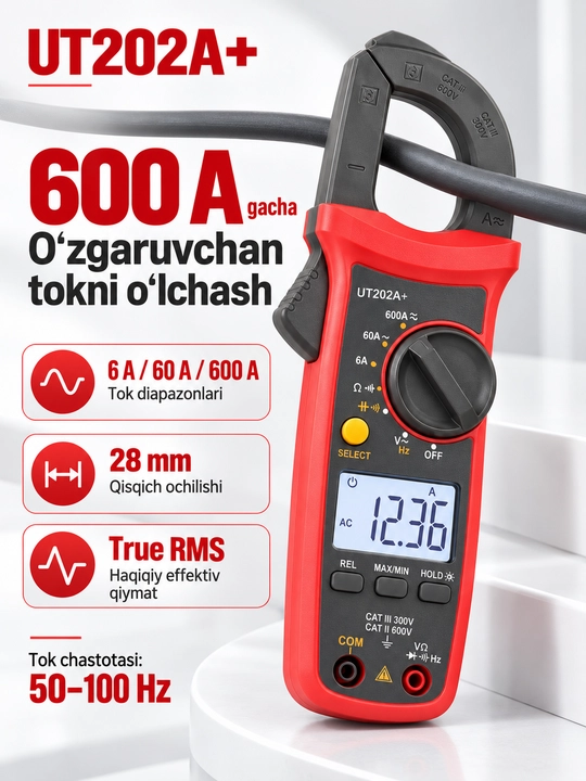 UNI-T UT202A+ raqamli tok qisqichi, 600 A AC, True RMS, NCV/LIVE, sig‘im