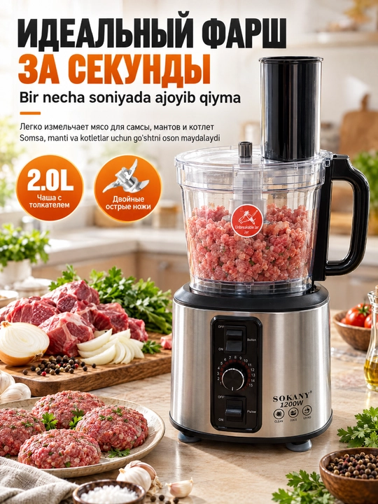 Блендер SOKANY SK-111 7 в 1, 1200Вт, кувшин 2,5л, мясорубка, кофемолка
