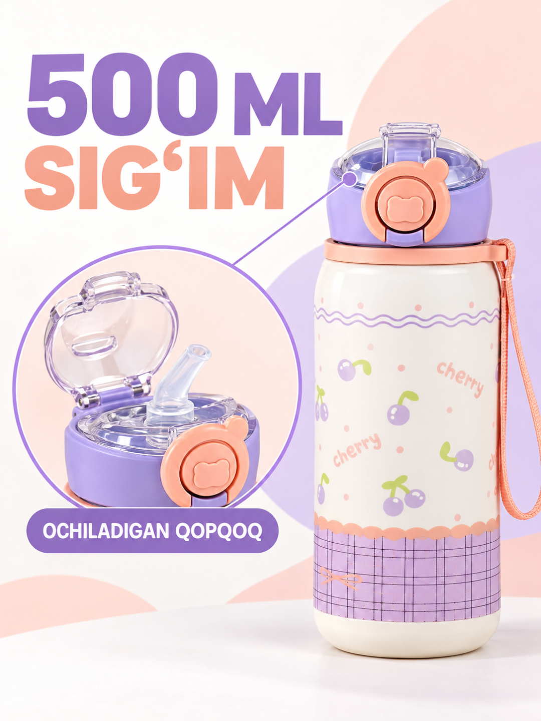 Termos trubochkali, tugmali qopqoq va ko‘tarish tasmali, 500 ml - 