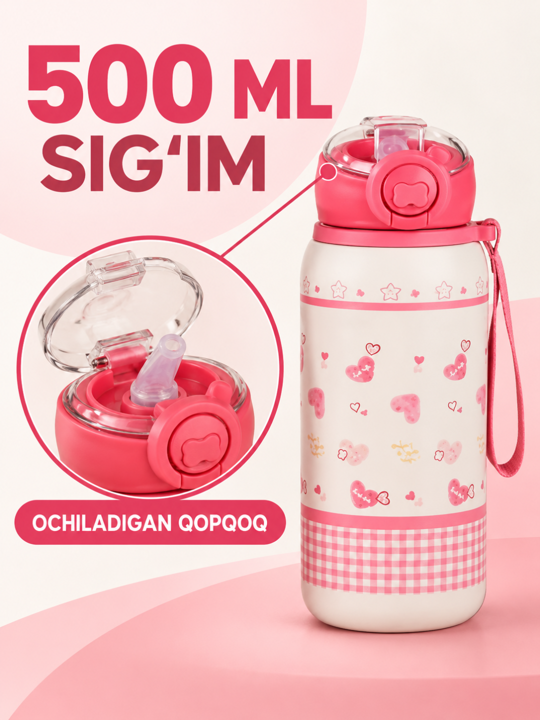 Termos trubochkali, tugmali qopqoq va ko‘tarish tasmali, 500 ml - 