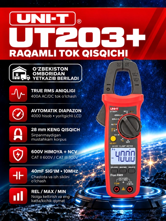 UNI-T UT203+ raqamli tok qisqichi, 400 A AC/DC, True RMS, NCV - 