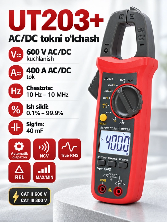 UNI-T UT203+ raqamli tok qisqichi, 400 A AC/DC, True RMS, NCV