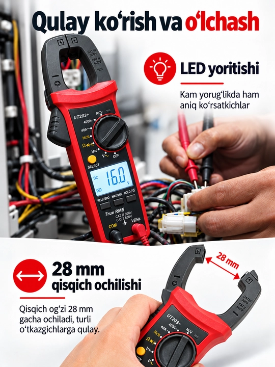 UNI-T UT203+ raqamli tok qisqichi, 400 A AC/DC, True RMS, NCV