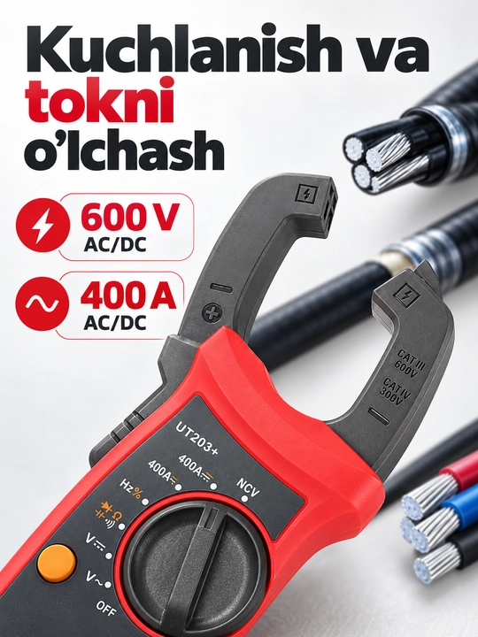 UNI-T UT203+ raqamli tok qisqichi, 400 A AC/DC, True RMS, NCV