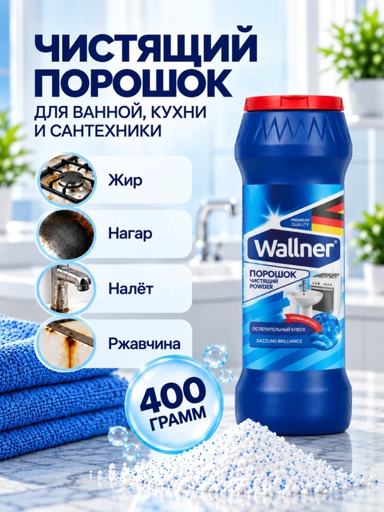 Чистящий порошок Wallner, 400 г, для кухни и ванной, ослепительный блеск - 