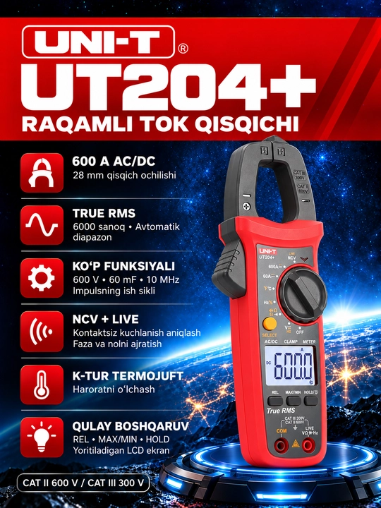 Токовые клещи UNI-T UT204+, 600 А AC/DC, True RMS, измерение температуры - 