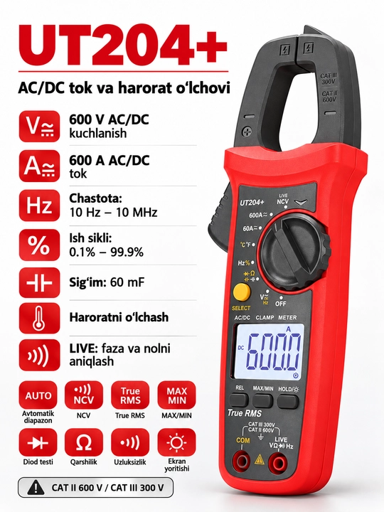 UNI-T UT204+ raqamli tok qisqichi, 600 A AC/DC, True RMS, harorat o‘lchash