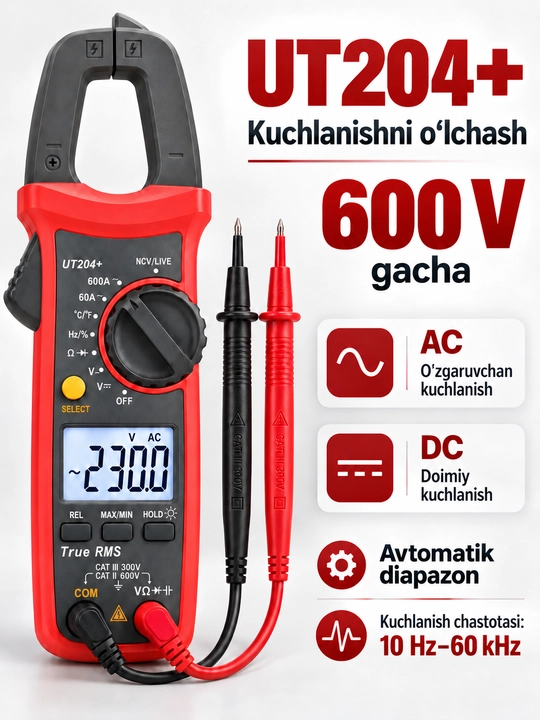 UNI-T UT204+ raqamli tok qisqichi, 600 A AC/DC, True RMS, harorat o‘lchash