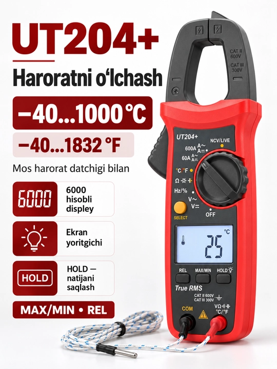 UNI-T UT204+ raqamli tok qisqichi, 600 A AC/DC, True RMS, harorat o‘lchash