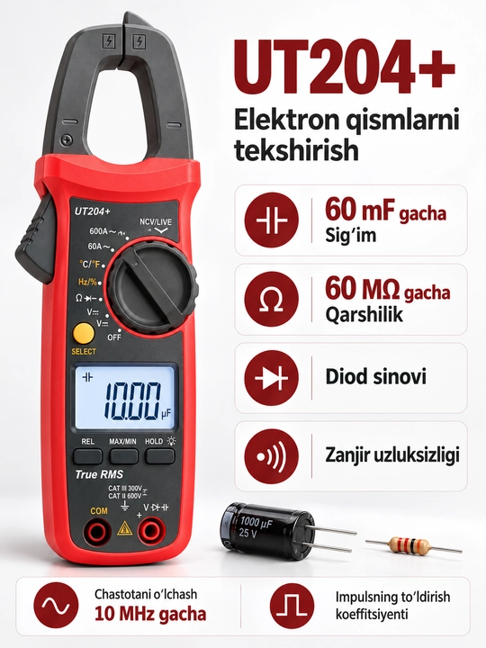 UNI-T UT204+ raqamli tok qisqichi, 600 A AC/DC, True RMS, harorat o‘lchash