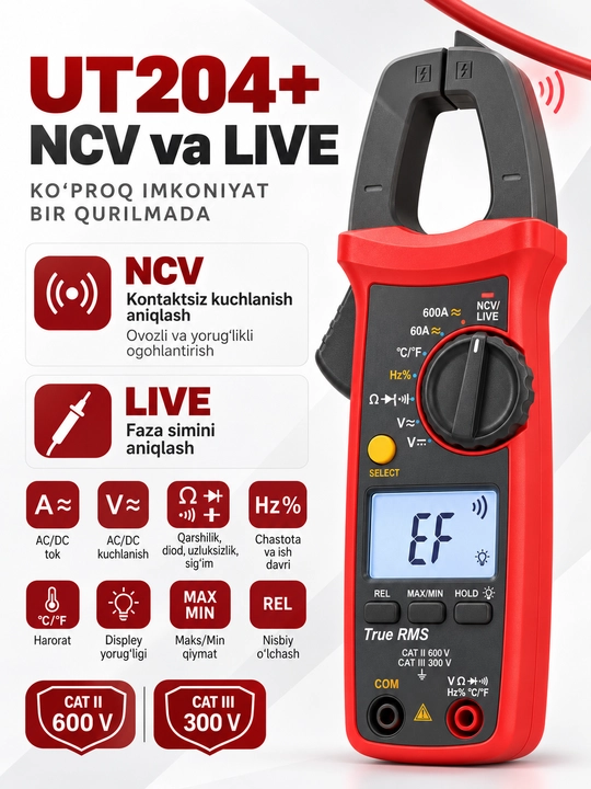 UNI-T UT204+ raqamli tok qisqichi, 600 A AC/DC, True RMS, harorat o‘lchash