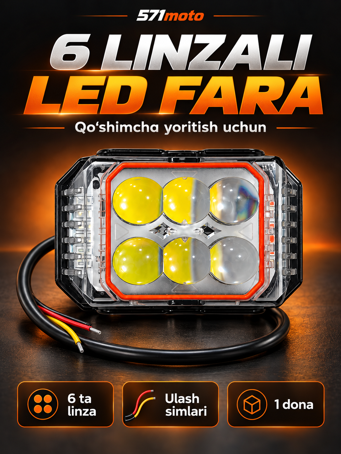 Mototsikl va skuterlar uchun 6 linzali LED fara — 1 dona - 