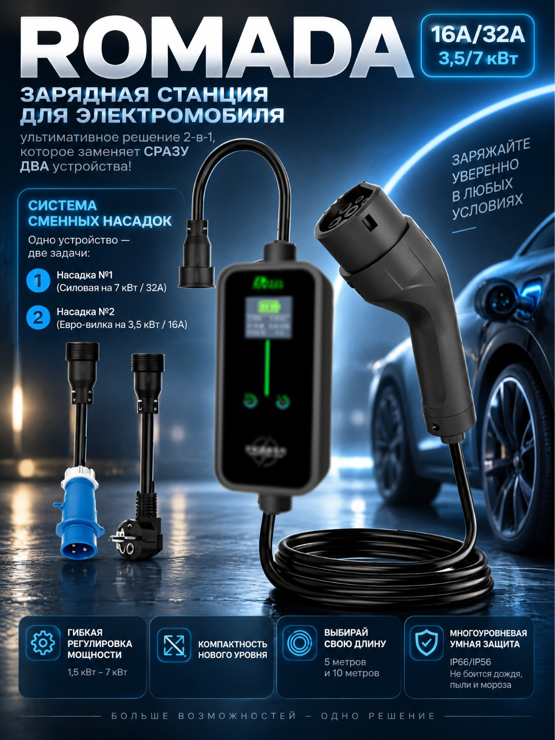 GBT AC ROMADA K06 (1.5-7 кВт) 2в1 Зарядная станция электромобиля портативная
