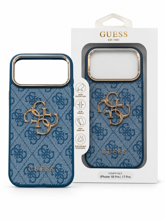 Синий чехол Guess 4G для iPhone 17/18 Pro и Pro Max с золотистыми деталями