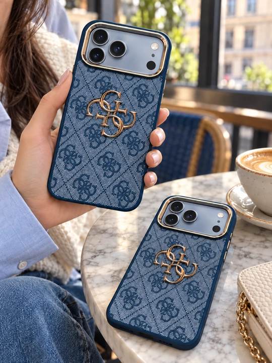 Синий чехол Guess 4G для iPhone 17/18 Pro и Pro Max с золотистыми деталями