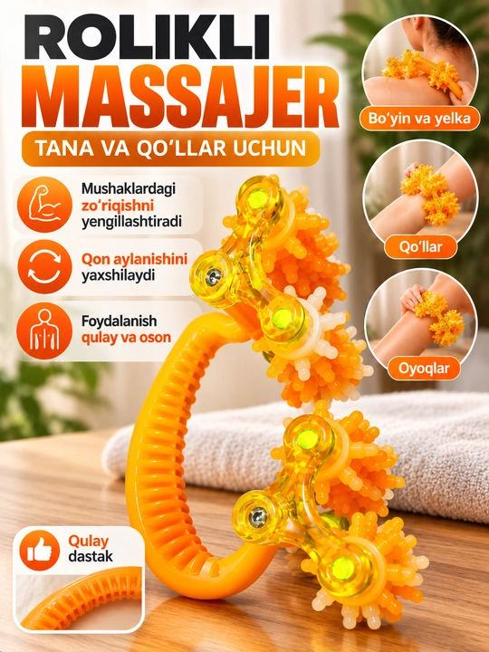 Oyoq va tana uchun rolikli massaj apparati, qo‘l massajyori, 360° aylanuvchi massaj roligi
