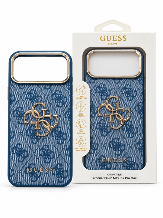 Синий чехол Guess 4G для iPhone 17/18 Pro и Pro Max с золотистыми деталями