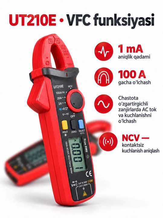 UNI-T UT210E mini tok qisqichi, 100 A AC/DC, True RMS, VFC, 17 mm