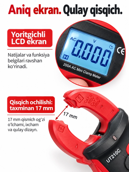 UNI-T UT210E mini tok qisqichi, 100 A AC/DC, True RMS, VFC, 17 mm