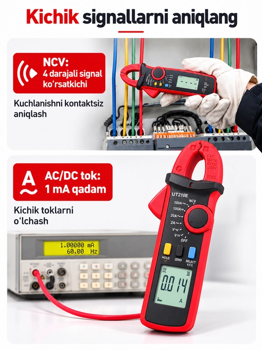 UNI-T UT210E mini tok qisqichi, 100 A AC/DC, True RMS, VFC, 17 mm