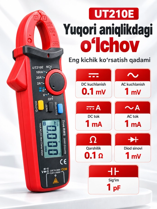 UNI-T UT210E mini tok qisqichi, 100 A AC/DC, True RMS, VFC, 17 mm
