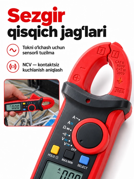 UNI-T UT210E mini tok qisqichi, 100 A AC/DC, True RMS, VFC, 17 mm
