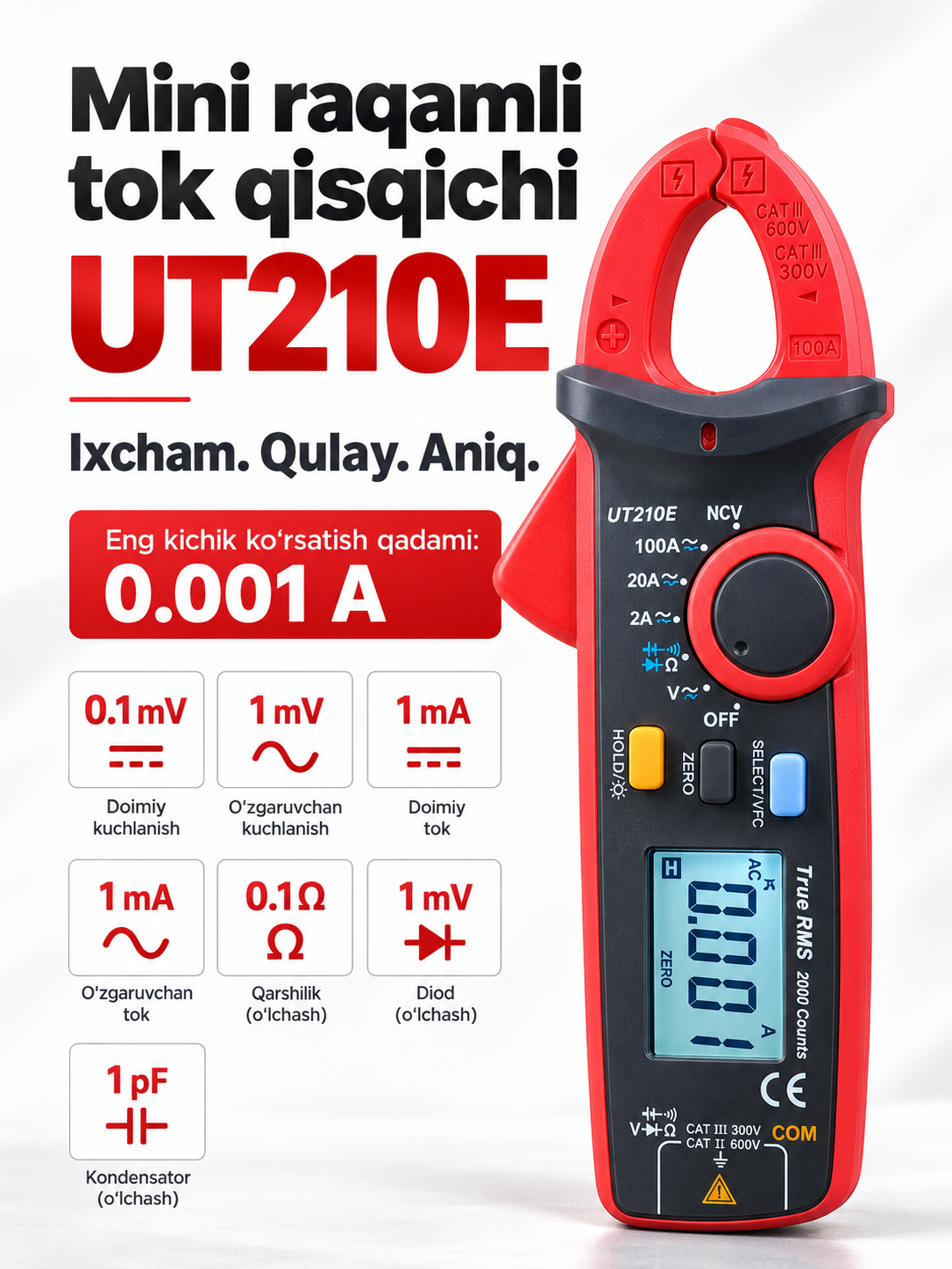 UNI-T UT210E mini tok qisqichi, 100 A AC/DC, True RMS, VFC, 17 mm