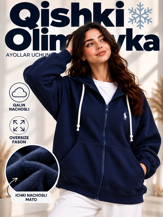 Ayollar uchun qishki olimpiyka, zamokli kofta, qalin nachosli, oversize, kapyushonli - 