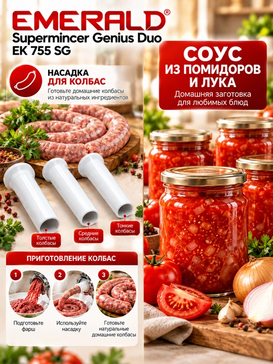 Мясорубка EMERALD 3500Вт насадки, колбаса, реверс защита, домашняя