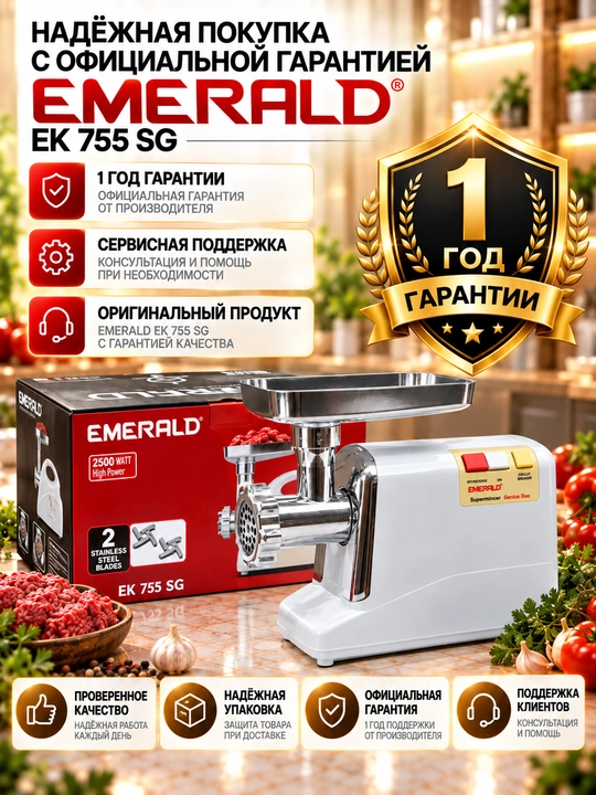 Мясорубка EMERALD 3500Вт насадки, колбаса, реверс защита, домашняя