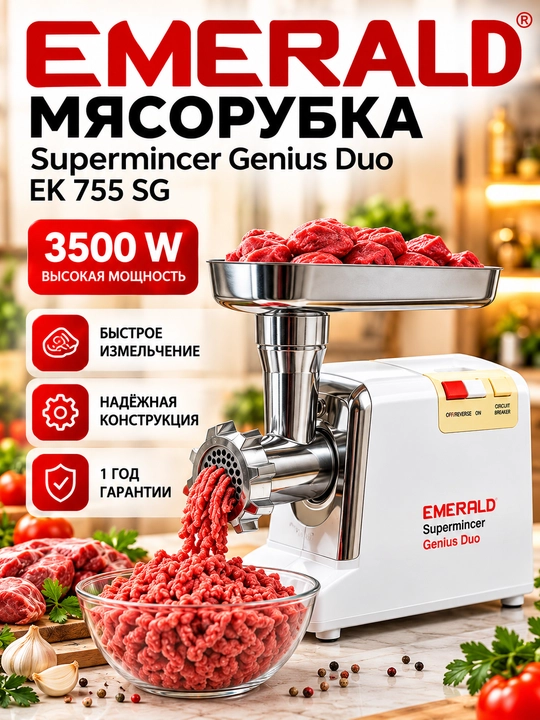 Мясорубка EMERALD 3500Вт насадки, колбаса, реверс защита, домашняя - 
