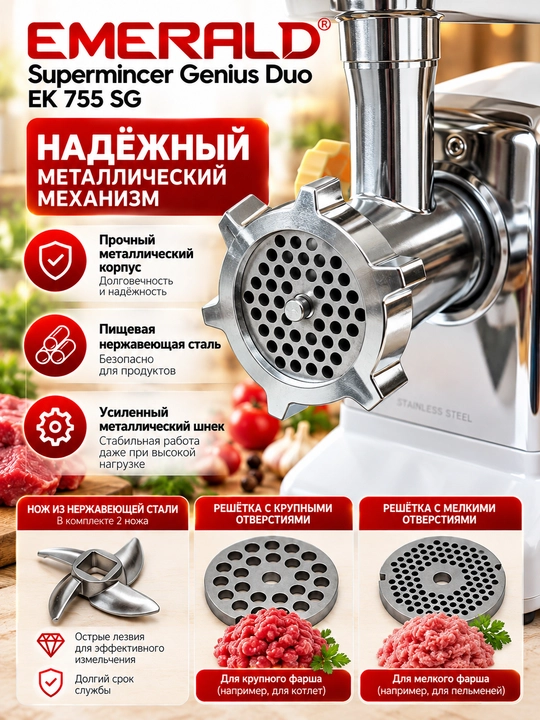 Мясорубка EMERALD 3500Вт насадки, колбаса, реверс защита, домашняя