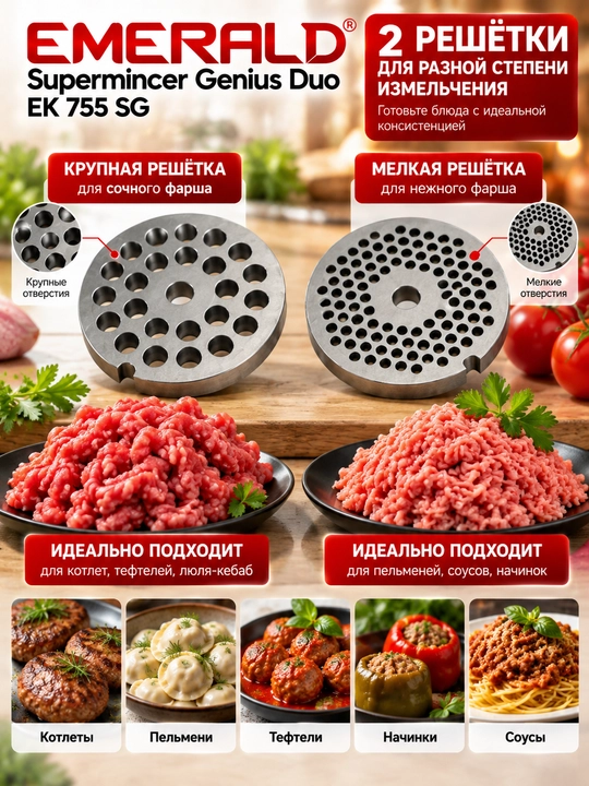 Мясорубка EMERALD 3500Вт насадки, колбаса, реверс защита, домашняя