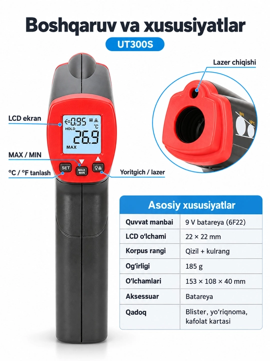 UNI-T UT300S infraqizil termometr, −32…400 °C, lazerli nishon, 12:1