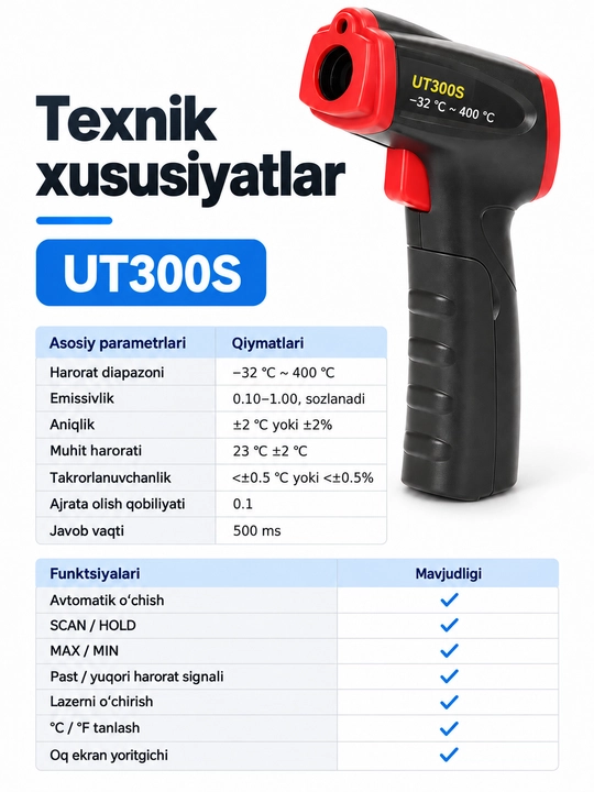 UNI-T UT300S infraqizil termometr, −32…400 °C, lazerli nishon, 12:1