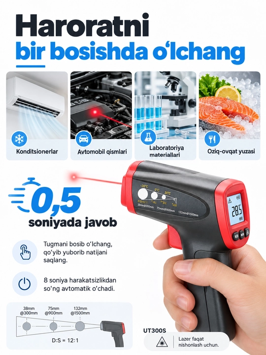 UNI-T UT300S infraqizil termometr, −32…400 °C, lazerli nishon, 12:1