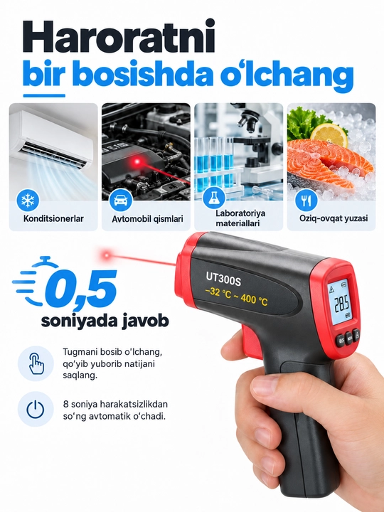 UNI-T UT300S infraqizil termometr, −32…400 °C, lazerli nishon, 12:1