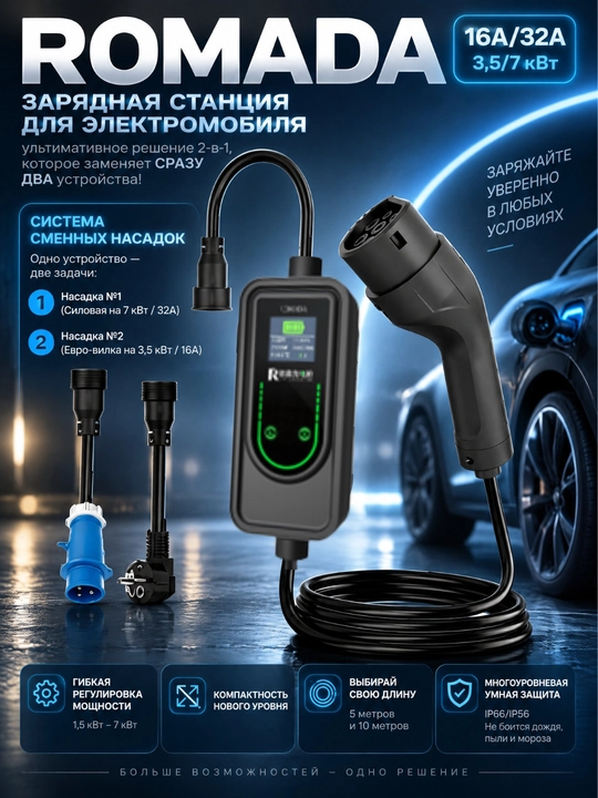 GBT AC ROMADA K05 (1.5-7 kW) 2si 1da elektromobil uchun ko‘chma quvvatlash stansiyasi - 