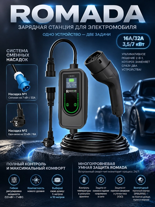 GBT AC ROMADA K05 (1.5-7 кВт) 2в1 Зарядная станция электромобиля портативная