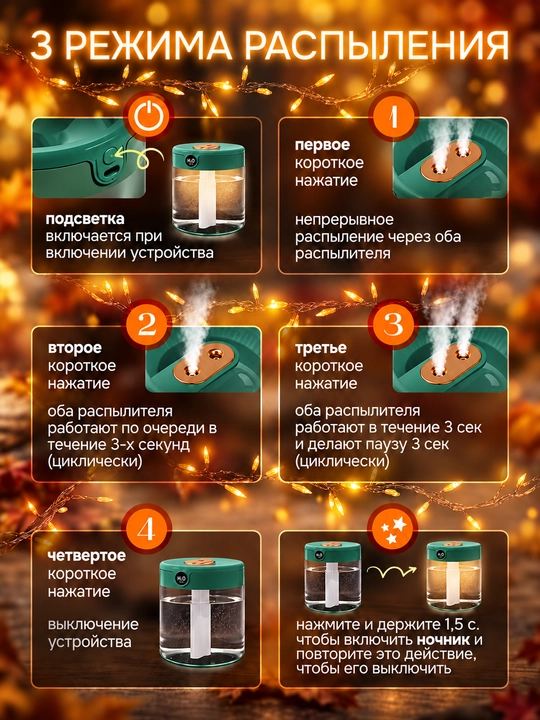 Havo namlagich 2 l, 2 purkagich, 3 rejim, displey, tungi chiroq, USB