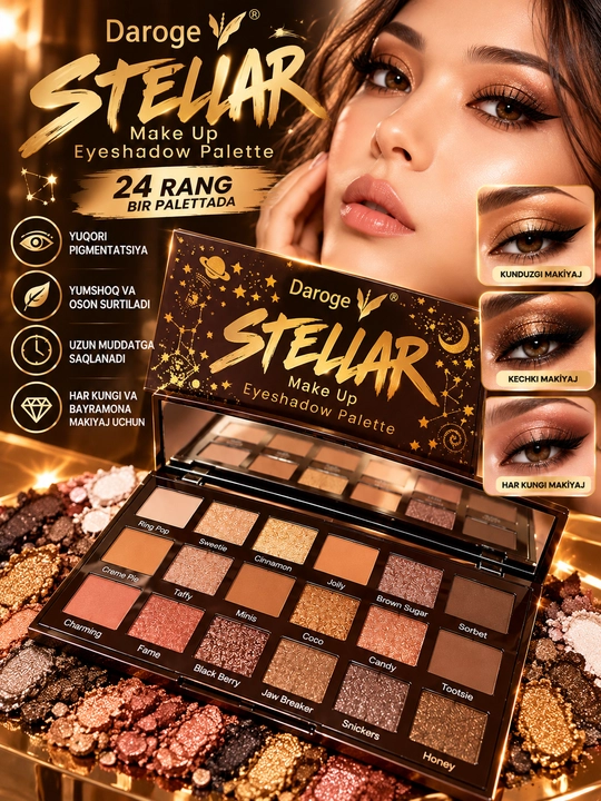 Daroge Stellar ko‘z teni, 24 rangli ten paletkasi, ko‘z makiyaji uchun, yaltiroq va mat - 