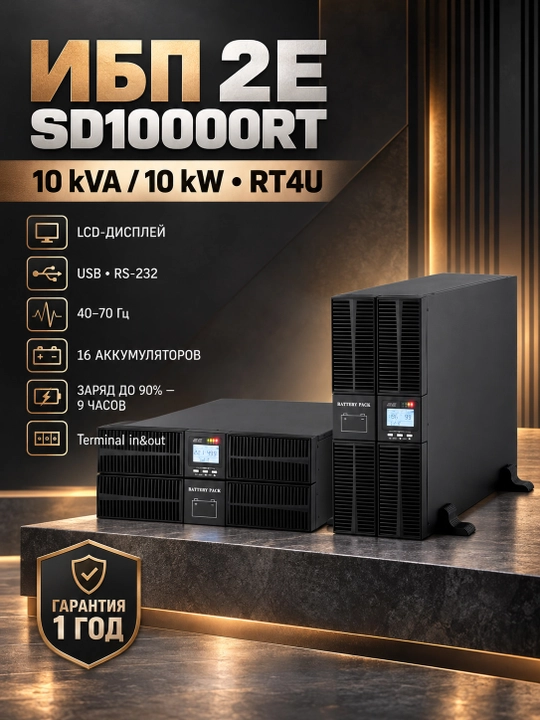 ИБП 2E SD10000RT, 10kVA/10kW, RT4U, LCD, USB, Terminal in&out 2E-SD10000RT, Черный - 