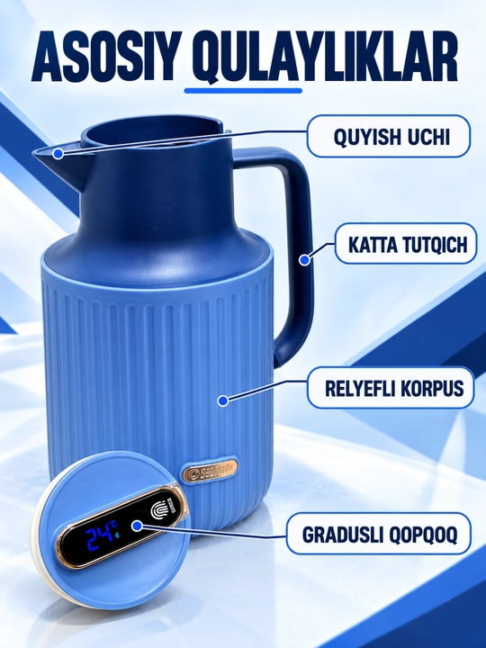 Termos kolbali, raqamli harorat ko‘rsatkichli va tutqichli, 1.5 l