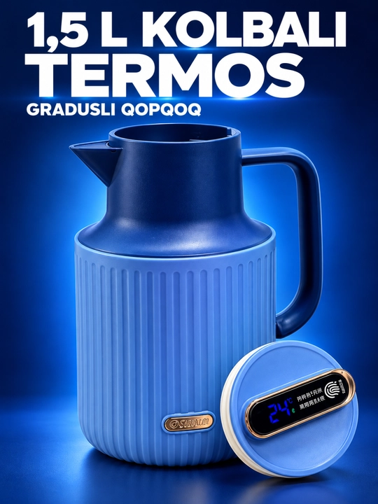 Termos kolbali, raqamli harorat ko‘rsatkichli va tutqichli, 1.5 l