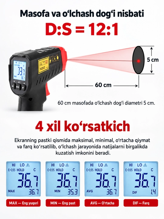 UNI-T UT306S infraqizil termometr, −50…500 °C, lazerli nishon, 12:1