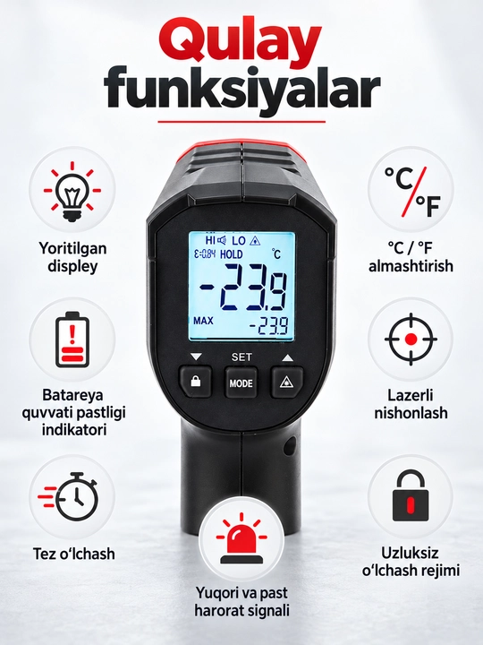 UNI-T UT306S infraqizil termometr, −50…500 °C, lazerli nishon, 12:1